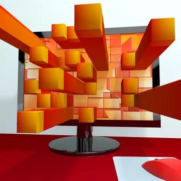 Three dimensional orange squares on computer monitor showing 3d graphics soft 스톡 일러스트