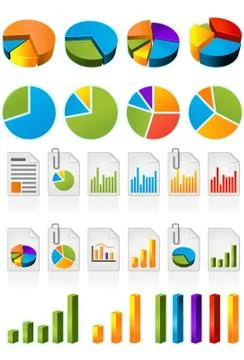 Three-dimensional pie charts and file icons 스톡 일러스트