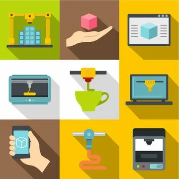 Three dimensional printing machine icons set Illustrazione stock