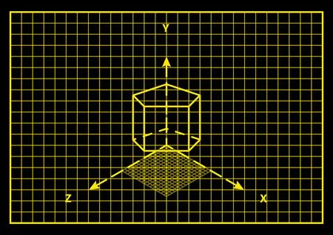 Three dimensional prism geometry projection grid neon yellow background black Stock Illustration