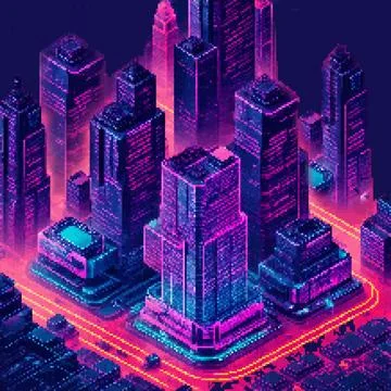 Three-dimensional projection pixel 8-bit art view of the city. 3D Illustration Stock Illustration