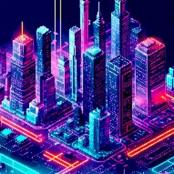 Three-dimensional projection pixel 8-bit art view of the city. 3D Illustration Stock Illustration