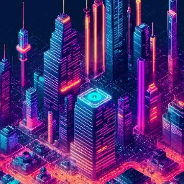 Three-dimensional projection pixel 8-bit art view of the city. 3D Illustration Stock Illustration