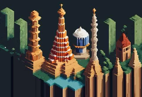 Three-dimensional projection pixel 8-bit art view of the city. 3D Illustratio Stock Illustration
