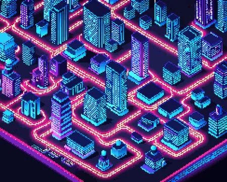 Three-dimensional projection pixel 8-bit art view of the city. 3D Illustratio Stock Illustration