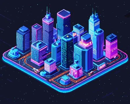 Three-dimensional projection pixel 8-bit art view of the city. 3D Illustratio Stock Illustration