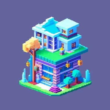 Three-dimensional projection pixel 8-bit art view of the city Stock Illustration