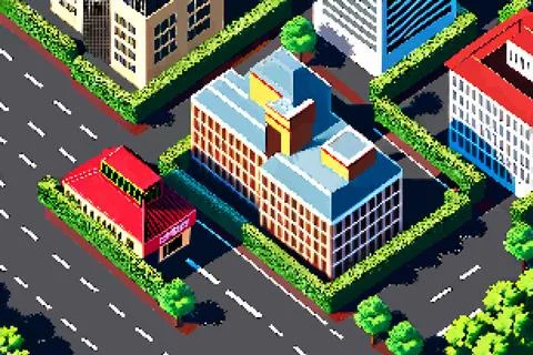 Three-dimensional projection pixel 8-bit art view of the city Stock Illustration