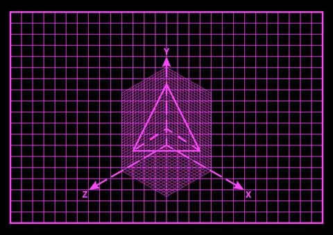 Three dimensional pyramid geometry projection grid neon pink background black Stockillustratie