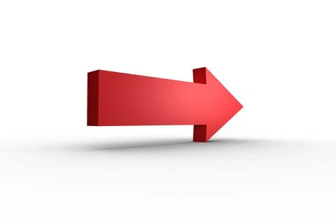 Three-dimensional red arrow is pointing right on smooth white seamless surface Foto stock