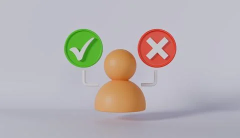 Three dimensional render of a person figure with check mark and cross symbols Stock Photos