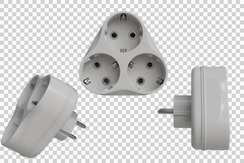 Three-dimensional render of a white, triangular three-socket adapter Stock Photos