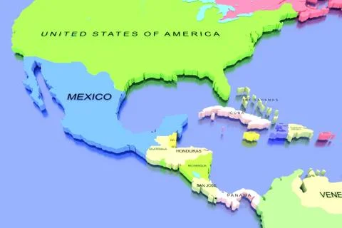 Three dimensional rendered map of Middle America Stock Illustration