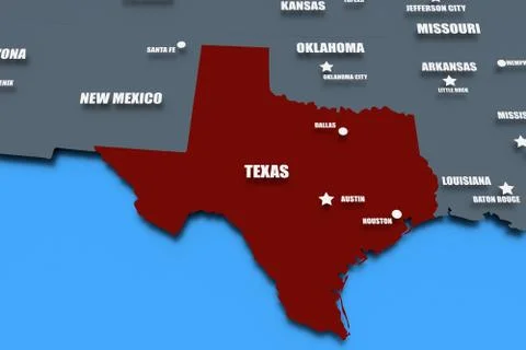 Three dimensional rendered map of Texas Stock Illustration