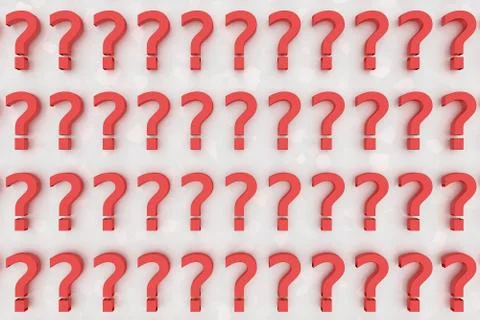 Three dimensional rendered red question marks on a background of white signs. Stock Illustration