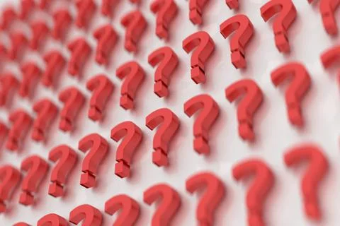 Three dimensional rendered red question marks on a background of white signs. Stock Illustration