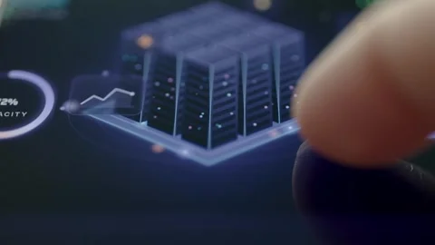 Three-Dimensional Server Rack Performance Analytics With Line Graph 4K Stock Footage 341861051
