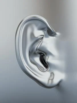 Three dimensional silver metallic human ear. 3d Stock Illustration