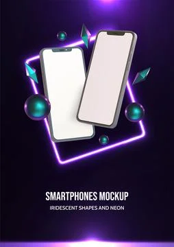Three-dimensional smartphone mockup with iridescent 3D shapes and glowing neo Stock Illustration