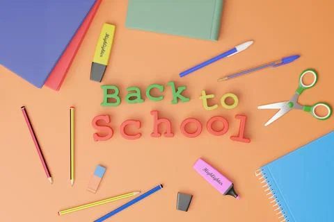 Three-dimensional text "back to school" surrounded by school supplies. 3d i.. Stock Photos