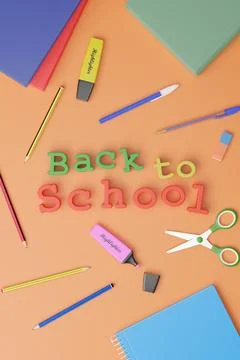 Three-dimensional text "back to school" surrounded by school supplies on or.. Photos