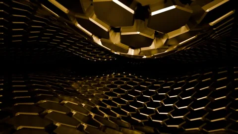 Three dimensional waves made of golden hexagon blocks on a dark background Stock Footage 292482729