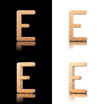Three dimensional wooden letter e. isolated on white and black. Stock Illustration