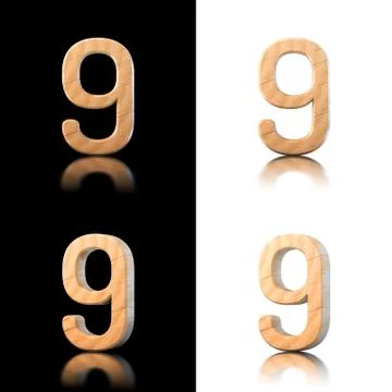Three dimensional wooden number 9. isolated on white and black. Stock Illustration