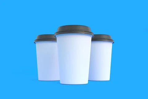 Three disposable paper coffee cup with black lid on blue background Stock Illustration