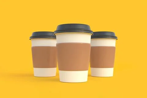 Three disposable paper coffee cup with black lid on yellow background Stock Illustration