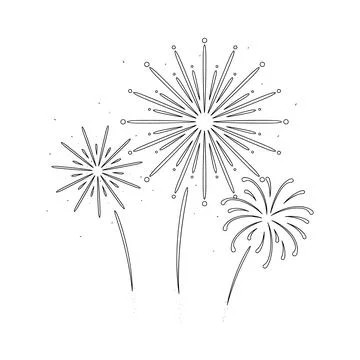 Three distinct firework explosions depicted in a simple black and white lin.. Stockillustratie