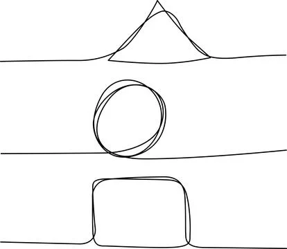 Three distinct geometric shapes drawn on a single line with varying styles... Stock Illustration