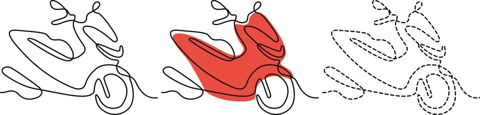 Three distinct motorcycle designs in simple line art and one colored illust.. Stock Illustration