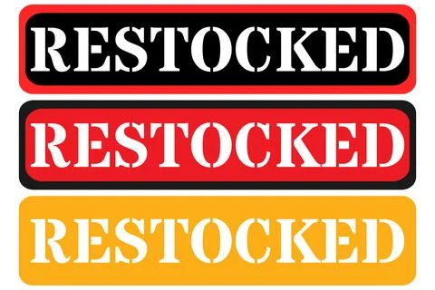 Three distinct restocked signs in bold colors and rounded rectangles Stock Illustration