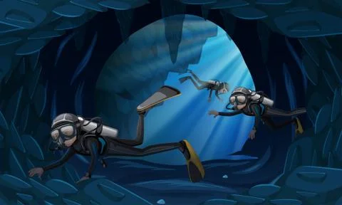 Three divers in a cavern underwater 스톡 일러스트
