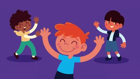 Three diverse children happily waving hands on a purple background, animate.. Stockbeeldmateriaal 338423633