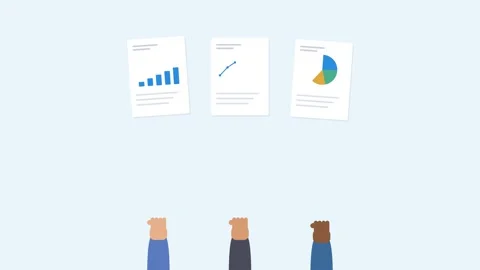 Three diverse hands holding up report sheets with animated charts, sky blue tone 스톡 동영상 342516073