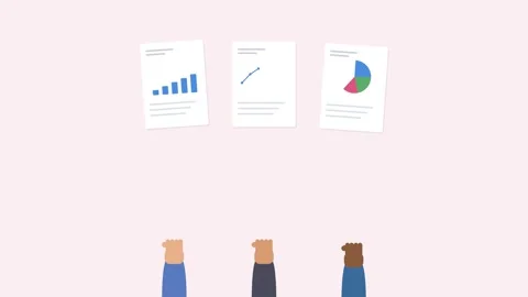 Three diverse hands holding up report sheets with animated charts, rose tone Vidéo 342516151