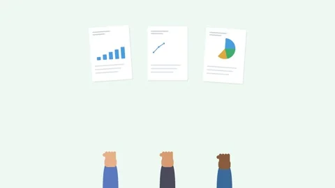 Three diverse hands holding up report sheets with animated charts, mint tone Видео 342516377