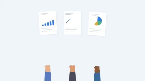 Three diverse hands holding up report sheets with animated charts Видео 342529674