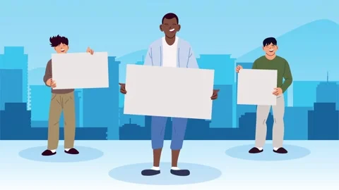 Three diverse male protesters holding blank white placards in front of blue.. Vídeo Stock 338314829