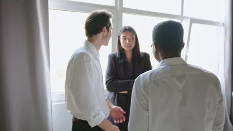 Three diverse professional colleagues, two men and one woman, conversing Vidéo 335762389
