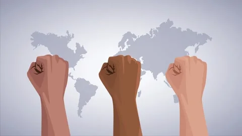 Three diverse raised fists over world map background representing global pr.. Stock Footage 339062981