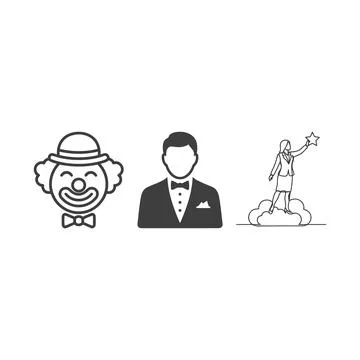 Three diverse simplified vector icons representing a cheerful clown face a .. 库存插图
