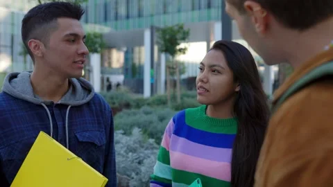 Three diverse student friends hanging out while standing at college campus Stock Footage 280875356