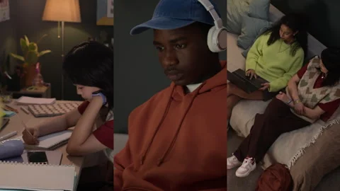 Three Diverse Students In Dorm Room Split Screen Stock Footage 303391039