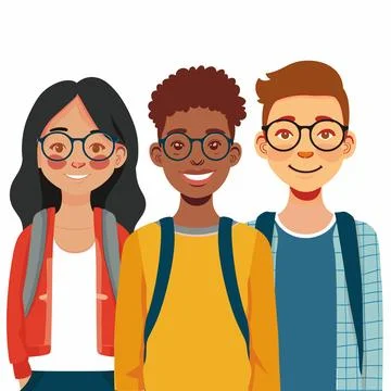 Three diverse students smiling, wearing glasses backpacks. Friendly Stock Illustration