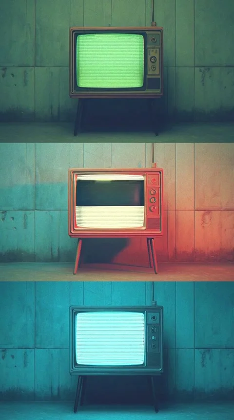Three divided vertical composition frames of 3 antique televisions, 3d mockup Stock Footage 312434893