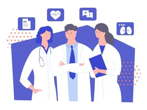 Three doctors are standing on a blue background. Illustration