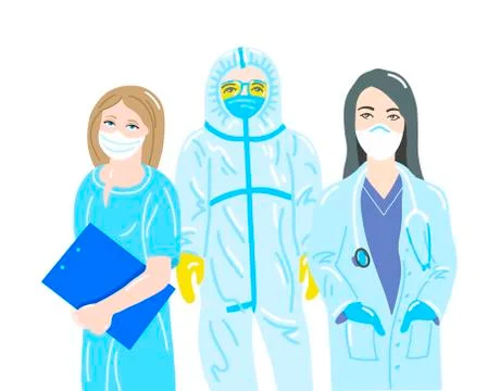 Three doctors in protective disposable suits and masks Stock Illustration